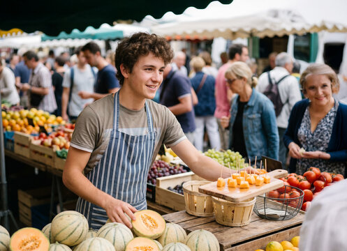 d&eacute;gustation de melon sur un march&eacute;