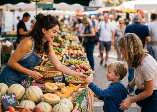 enfant go&ucirc;tant du melon sur un march&eacute;