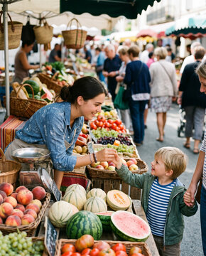 enfant go&ucirc;tant du melon sur un march&eacute;