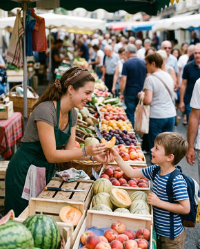 d&eacute;gustation de melon sur un march&eacute;