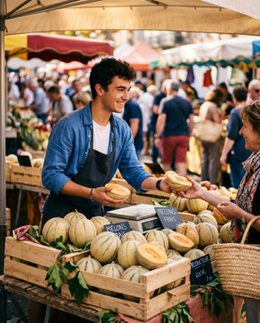 d&eacute;gustation de melon sur un march&eacute;
