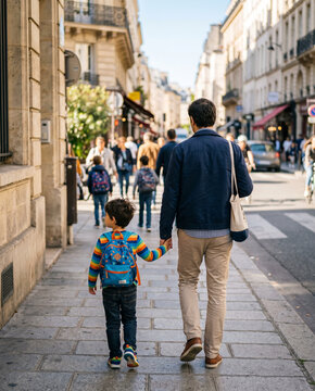 p&egrave;re accompagnant son fils &agrave; l'&eacute;cole