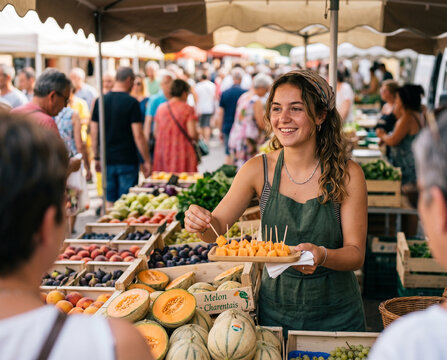 d&eacute;gustation de melon sur un march&eacute;