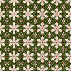 Fototapeta premium Minimalist emerald green wallpaper containing geometric rows of decorative off-white pointillism petals and intricate symmetry diamond lace borders.