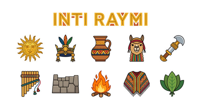 Inti Raymi Festival Icons Set: Sun Llama Inca Artifacts and Cultural Symbols.
