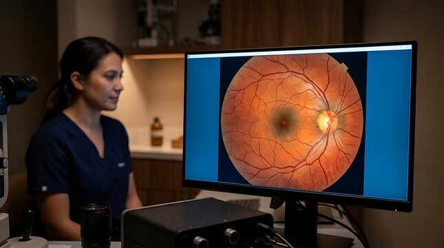 Female ophthalmologist examining a retinal scan on a computer screen