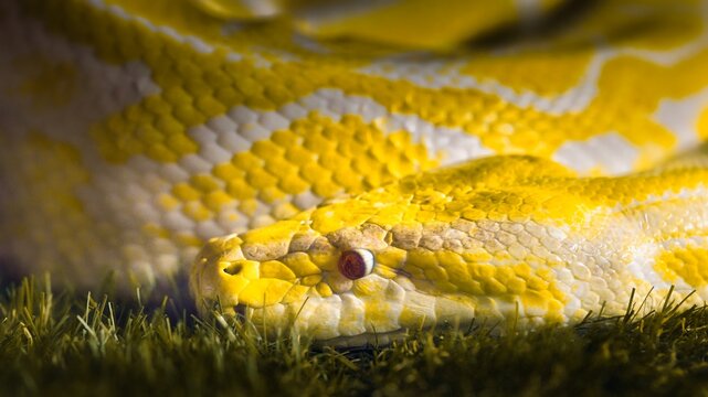 Albino python close-up with yellow and white scales