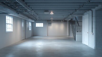Fototapeta premium empty residential basement, clean and organized, neutral tones, minimalistic interior, soft natural light from small windows, ultra detailed 8k