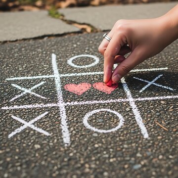 Close Up Hand Drawing Red Heart on Chalk Tic Tac Toe Game on Pavement