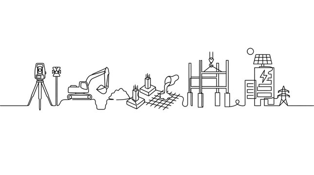 Construction Progression: Surveying to Power Generation Line Art