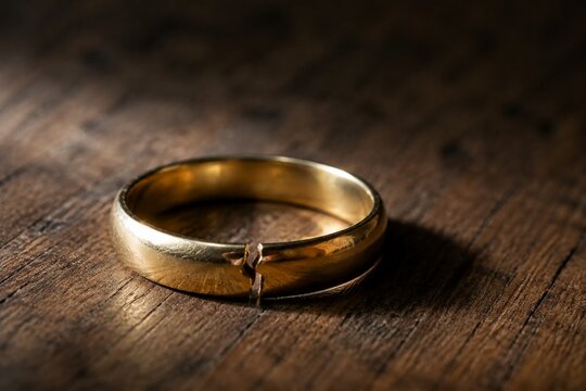 A broken wedding ring lies on wood with a visible crack and side lighting.