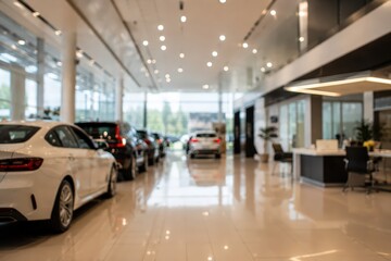 Fototapeta premium Blurry car dealership interior modern showroom automotive retail space luxury vehicle sales floor bokeh background transport industry