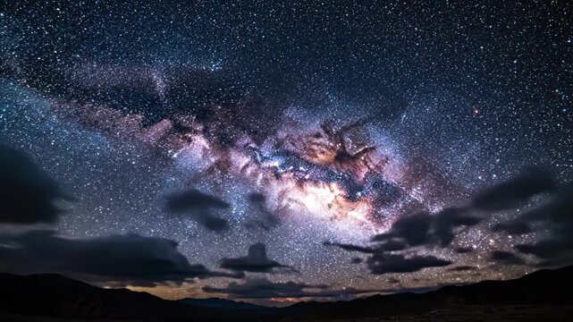 Milky Way galaxy stretching across a star-filled night sky with dramatic clouds obscuring distant mountain silhouettes creating a cosmic
