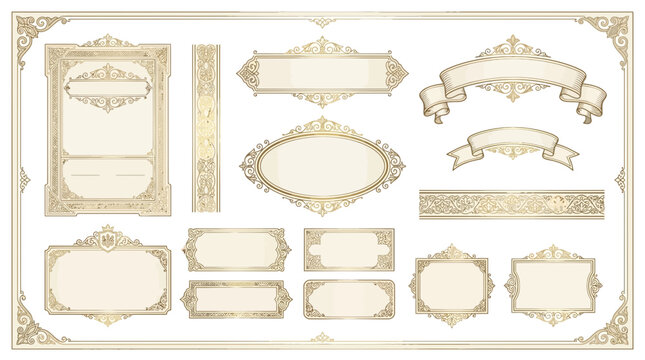 Ornate Decorative Frames Borders Scrolls Set Vintage Golden Filigree Design