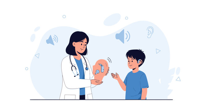 Doctor demonstrates cochlear implant to a young boy, highlighting hearing restoration and medical care for hearing loss.