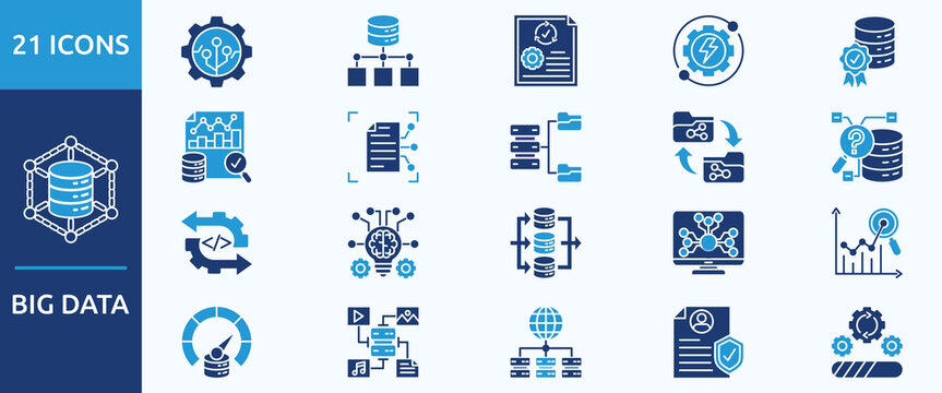 big data
- Icon Collection. Thin glyph blue Set contains such Icons as data sets processing applications, statistical power, data quality, big data analysis, capturing data and more. Simple web icons 