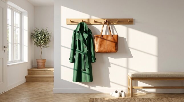 Bright minimalist entryway features a wooden coat rack holding an emerald green trench coat and a leather tote bag under warm morning sun.