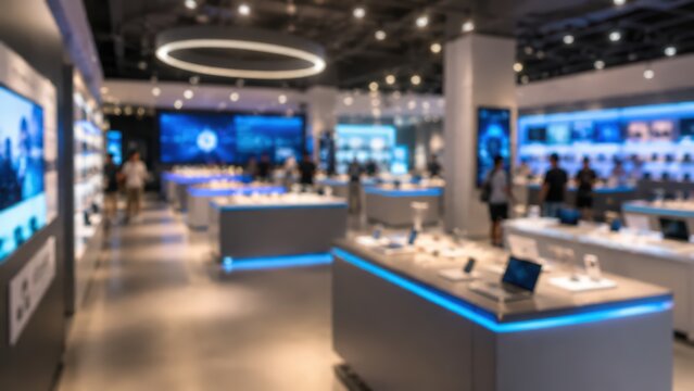 blurred electronics store interior retail technology gadgets laptops display modern bokeh background shopping mall showroom consumer electronics