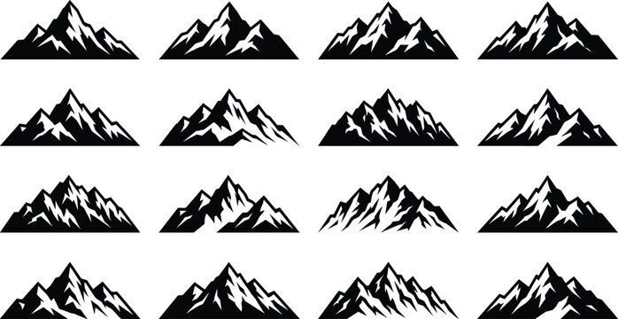 Collection of black and white mountain silhouettes for outdoor adventure and nature logo designs