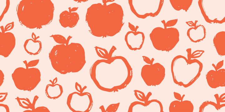 Seamless pattern with hand drawn apples in a sketchy brush style. Vibrant red-orange and cream colors for textiles, wrapping paper or packaging design, vector illustration