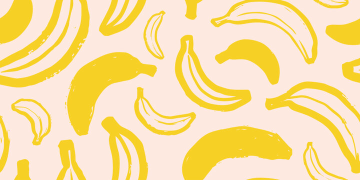 Seamless pattern with hand drawn bananas in sketchy brush style. Vibrant yellow and cream colors for tropical textiles, wrapping paper or packaging design, vector illustration
