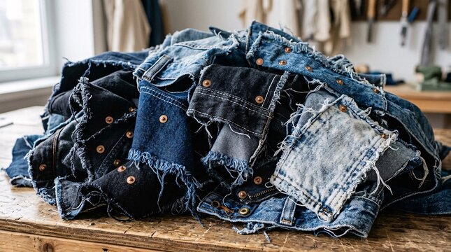 Chaotic pile of upcycled denim scraps displays varying shades of indigo, black, and light blue featuring frayed edges and rugged rivets.