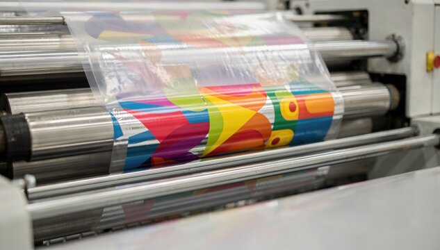 Medium shot capturing the triplex lamination operation featuring aluminum foil plastic film and a printed layer focusing on the integration of vibrant printed designs in the