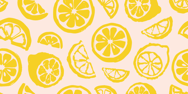Seamless pattern with hand drawn lemons in a sketchy brush style. Vibrant yellow and cream colors for fresh summer textiles, wrapping paper or packaging design, vector illustration