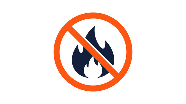 No fire warning sign with an orange prohibition circle and a dark blue flame icon on a white background, perfect for safety signage, industrial warning posters and public hazard awareness