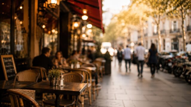 Blurred city cafe background outdoor bistro terrace street scene parisian lifestyle travel bokeh lighting restaurant atmosphere