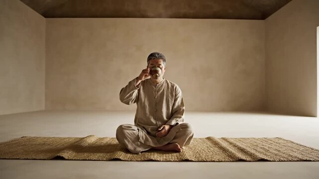 An Asian man in linen clothes sits cross-legged on a straw mat, performing a meditative tea ceremony. He slowly drinks from a ceramic bowl in a serene, minimalist beige room.