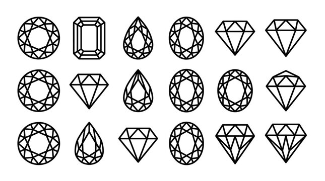 Set of diamond and gemstone line icons with various cuts on white background, perfect for jewelry branding, logo design and luxury graphic templates