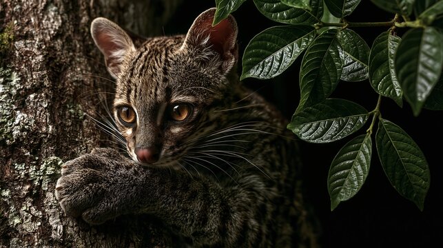 Young Margay Cat Climbing Tree