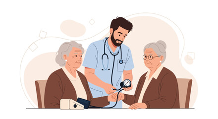 Obraz premium Doctor Measuring Blood Pressure of Elderly Woman with Nurse Assistant, Healthcare Concept
