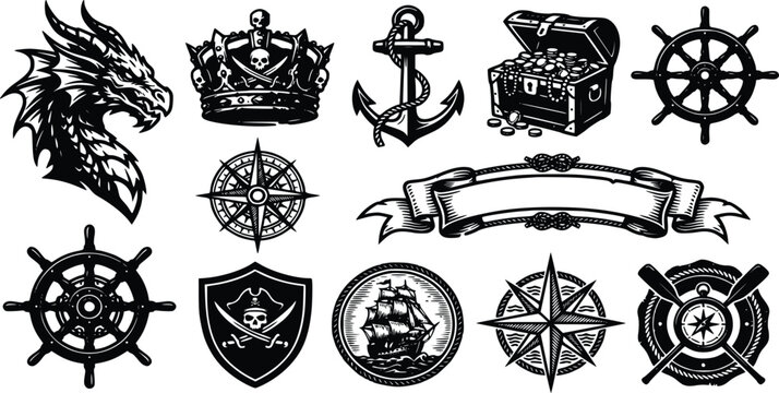 Anchor Tattoo Style Nautical Emblem Set with Compass Wheel Shield Helm and Ship Flag Banner Icons Featuring Logo, Seal, Icon