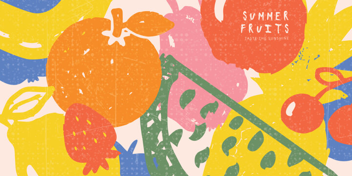 Bright horizontal banner with summer fruits in flat artistic style. Design features hand drawn orange, strawberry and exotic fruits with grainy texture. 