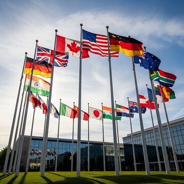 Colorful International Flags Flying Outside Modern Glass Office Building