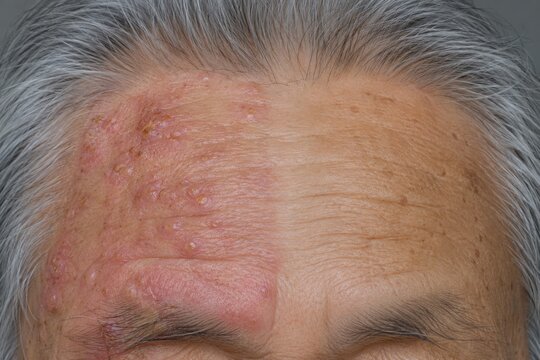 Elder Zoster Eye Unilateral Herpes Zoster Ophthalmicus Rash Spreading Across Right Forehead with Vesicles and Erythema in Senior Patient