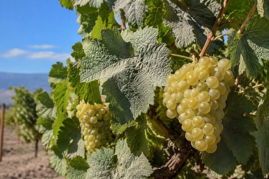 Torrontes grapevine with gray-green leaves and clusters of grapes under the sun.