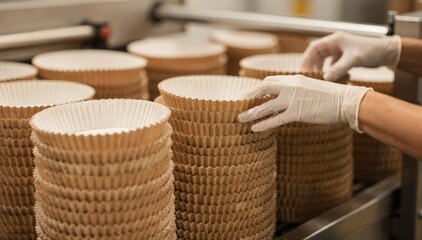 Obraz premium Footage showcasing jumbo fluted paper baking cups being carefully formed and stacked emphasizing size variation and quality control in large muffin cup production.