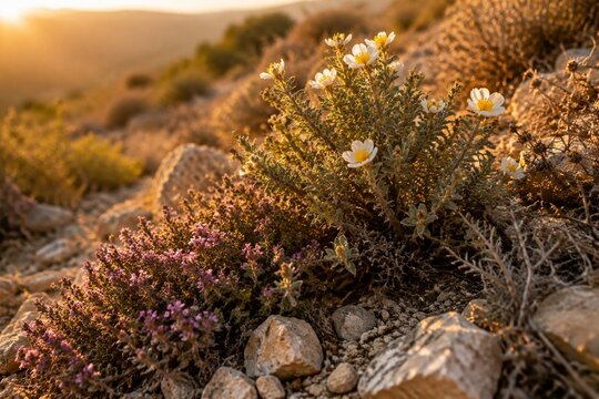 Low-growing thorny shrubs clinging to sun-baked rocks on a summer hillside.