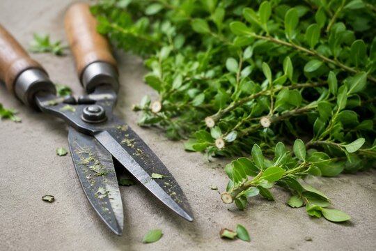 Garden shears with fresh leaf fragments beside cut privet branches.