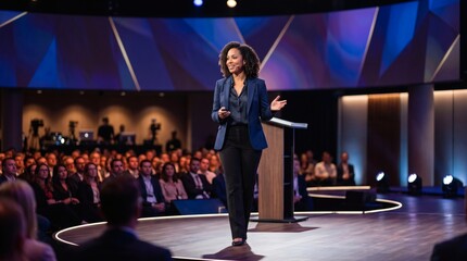 Naklejka premium Confident Woman Speaker Engages Audience During Business Conference Presentation on Stage