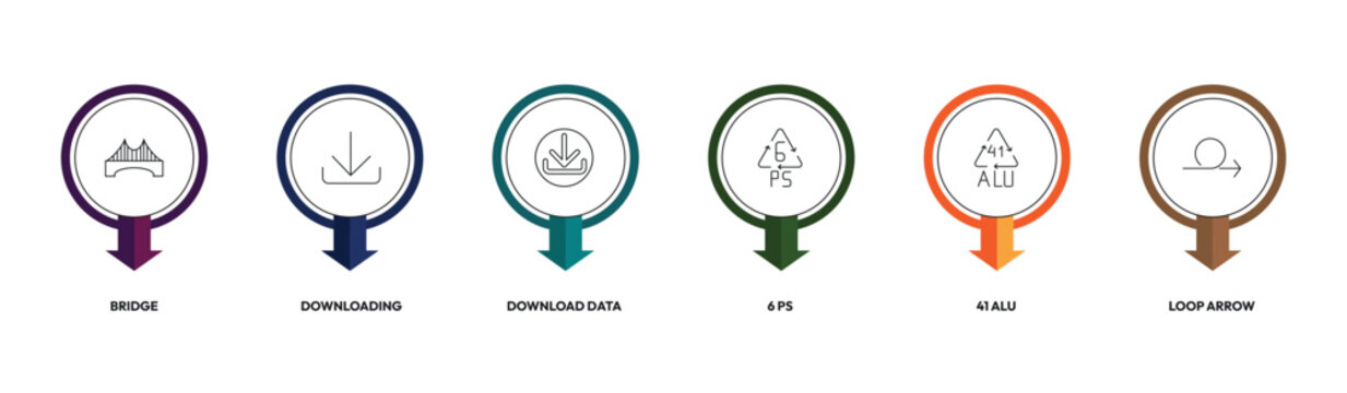user interface outline icon set. bridge, downloading, 6 ps, loop arrow and more. linear vector collection. editable stroke