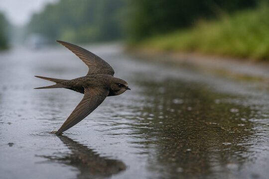 A bird skimming over a rain puddle, creating ripples.