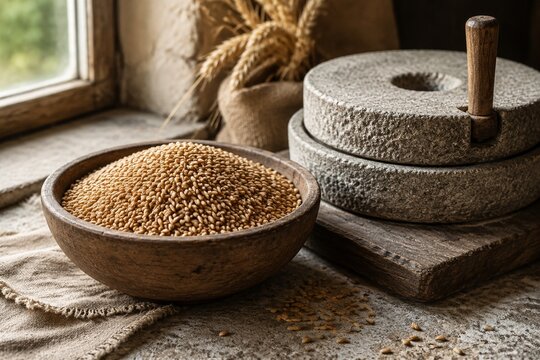 Rustic wooden bowl of ancient kamut grains with stone mill.