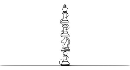 Abstract chess pieces stacked vertically, concept of strategy and balance, minimalist line art © Zeyi