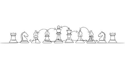 Continuous Line Drawing of Chess Pieces with Strategic Movement Arrows © Zeyi