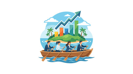 Team of business professionals rowing boat towards growth island © Egi