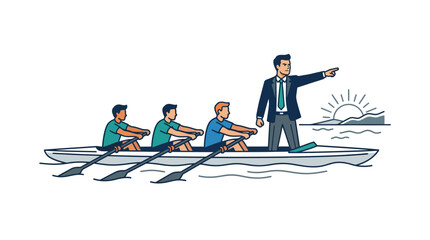 Business Leader Directing Team Rowers Towards a Goal Illustration © Egi